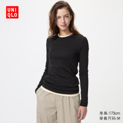 优衣库 柔软罗纹圆领T恤/长袖女装487553 09 黑色 L