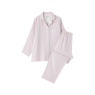 MUJI 无侧缝双层纱织纯棉 薰衣草色条纹 M码 睡衣家居服套装