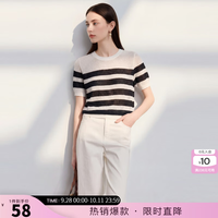 三彩 藏青色条纹 圆领短袖针织衫 S