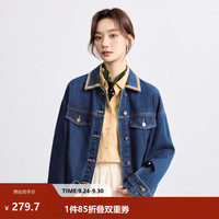茵曼 纯棉复古撞色翻领牛仔外套 深牛仔蓝 S