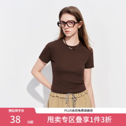 范思蓝恩 春款简约百搭修身坑条短袖女春季2026新款套头上衣1017 栗咖 S