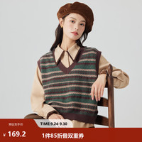 茵曼 保暖撞色条纹 V领针织马甲 咖啡绿 L