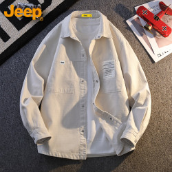 Jeep 长袖衬衫男秋季宽松工装外套休闲纯棉长袖衬衣 米白    XL