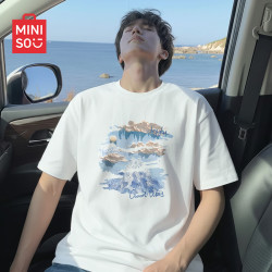 名创优品 男士t恤夏季重磅220G纯棉二本针男款半截袖白色运动短袖体恤衫   白色(油画蓝调) xL /180