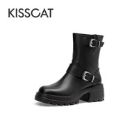 KISSCAT 冬季真皮机车靴女复古百搭西部牛仔靴女厚底中筒靴
