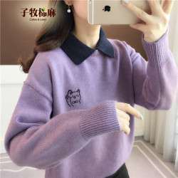 子牧棉麻 女士POLO领加厚针织衫