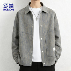 罗蒙 夹克男士秋季时尚休闲翻领宽松百搭纹理行政外套男装2603蓝灰XL