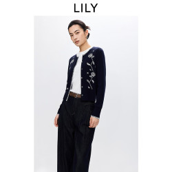 LILY 羊毛混纺复古花卉绣花圆领针织开衫 藏蓝 S