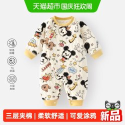 迪士尼 婴儿连体衣秋冬夹棉保暖哈衣小月龄宝宝卡通米奇米妮爬爬服