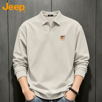 Jeep 长袖T恤男春秋翻领polo衫休闲印花宽松打底上衣 米杏   XL