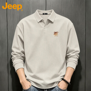 Jeep 长袖T恤男春秋翻领polo衫休闲印花宽松打底上衣 米杏   XL