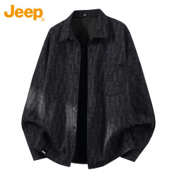 Jeep 衬衫男士春秋季长袖休闲工装宽松格子衬衣服男装 黑色 4XL