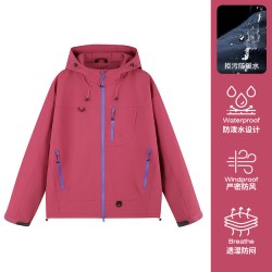 户外登山冲锋衣女款2026年春秋款纯色气质高端连帽宽松外套夹克男