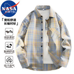 NASA MARVEL 衬衫男士秋季日系百搭宽松休闲痞帅格子翻领衬衣外套 黄格 L