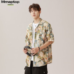 MMOPTOP 泰式复古碎花衬衫夏季男士冰丝凉感透气短袖上衣MCS16沙巴杏M