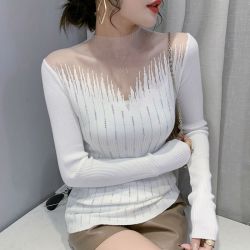 高档洋气性感针织衫女装爆款新款时尚白色显瘦百搭长袖打底上衣