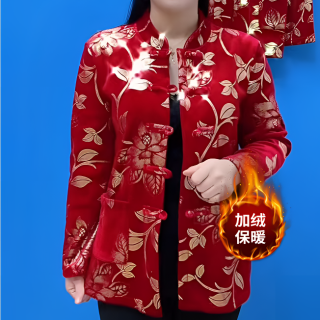 冬装新款时尚妈妈本命年中国红改良版新中式拼接盘扣加绒衬衫