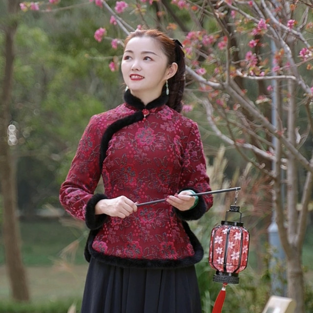 傲雪寒梅秋冬加厚加绒中式唐装旗袍红色上衣女款外套长袖中国风