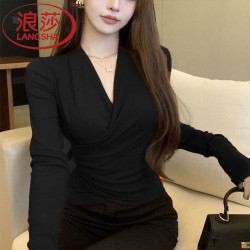 浪莎 爆款深v领打底衫女加厚双面德绒2025新款秋冬季修身长袖T恤衫