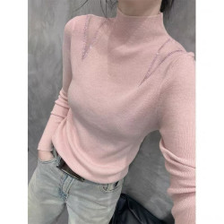品牌折扣欧货蕾丝镶钻镂空长袖针织衫女秋冬修身气质半高领打底衫
