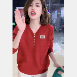 秋冬毛衣女纯色V领单排扣针织衫女宽松百搭时尚套头打底衫上衣潮