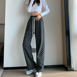 春秋款洋气阔腿裤2026新款爆款宽松女款外穿高腰格子裤子拖地裤