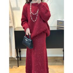 日系慵懒风软糯闪闪毛衣松紧腰鱼尾长裙两件套简约松弛针织套装女