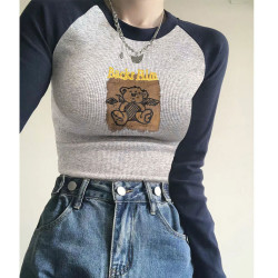 美式复古撞色插肩长袖t恤女春秋设计感小众宽松显瘦拼接短款上衣