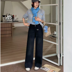 织志秋冬加绒加厚美腿线锁色水洗复合绒直筒阔腿牛仔裤BJ389