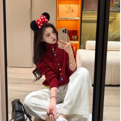 新款设计感韩系慵懒软糯毛衣女玫粉甜美温柔风彩扣半高领针织衫女