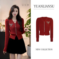 YUANLIANSU/圆脸酥小香风秋冬复古红色蝴蝶结显瘦毛衣
