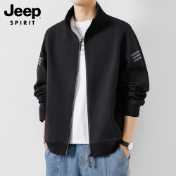 JEEP SPIRIT 吉普外套男装秋季卫衣男士开衫休闲运动立领衣服 黑色 XL