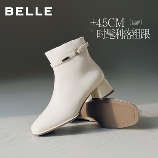 百丽 3LI50DD6 羊皮粗高跟瘦瘦靴 米白色 37