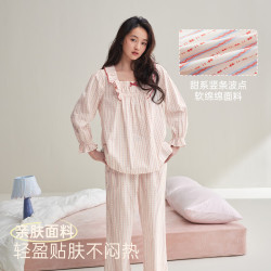 安之伴 睡衣女春秋季100%纯棉荷叶边波点长袖春