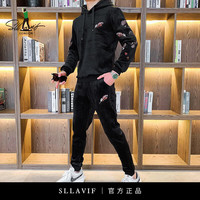 萨拉维夫 品牌运动套装男士2026春秋季新款韩版时尚两件套个性休闲男装衣服 黑色套装 M
