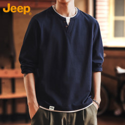 Jeep 长袖T恤男士春秋季美式复古假两件休闲百搭打底男装 藏青 XL
