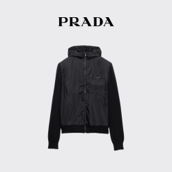 PRADA 男士带风帽羊绒和羊毛混纺开衫外套 黑色 48