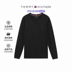 TOMMY HILFIGER 男装上衣长袖T恤 男士圆领卫衣 纯棉打底衫 秋季 黑色-小标 XL (建议90-100kg)