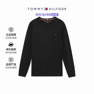 TOMMY HILFIGER 男装上衣长袖T恤 男士圆领卫衣 纯棉打底衫 秋季 黑色-小标 XL (建议90-100kg)