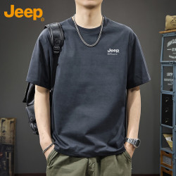 Jeep 短袖T恤男士夏季休闲纯色圆领打底衫宽松衣服男装 黑灰 XL