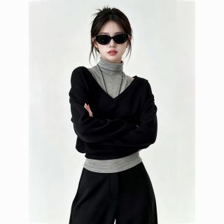 百亿补贴：2026早秋韩系慵懒风穿搭高领无袖打底衫叠穿V领T恤上衣两件套装