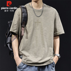 皮尔·卡丹 皮尔卡丹（pierre cardin）纯棉短袖t恤男士夏季高端竹节棉透气上衣服男装 卡其色 2XL