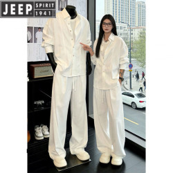 JEEP SPIRIT 白色天丝亚麻衬衫套装男夏季慵懒老钱风速干裤子人夫感穿搭一整套 白色套装 XL