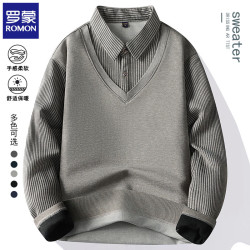 罗蒙 假两件加绒加厚针织衫