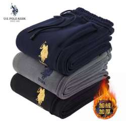 U.S. POLO ASSN. 男秋冬裤子加绒印花运动卫裤宽松外穿休闲束脚