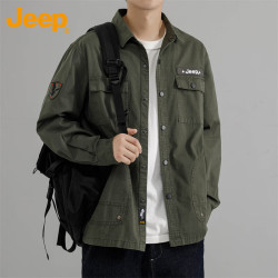 Jeep 衬衫男士春秋季长袖衬衣工装外套宽松休闲衣服男装 军绿 XL