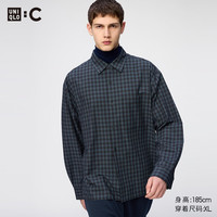 优衣库 易打理休闲格子衬衫/长袖男装女装合作款/衬衣空调衫488793 68 深蓝色 L