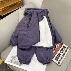 童森童马 男童加绒加厚套装2025新款儿童痞帅工装炸街男孩冬装潮斜拉链衣服