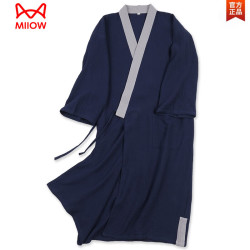 猫人 夏季中国风睡袍大码浴袍拼色茶艺禅服薄款 藏青拼色长袍 135厘米加长款 XL(体重220斤左右)