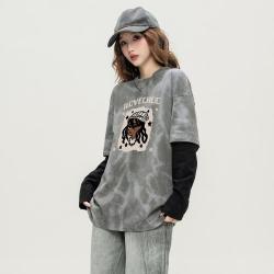 ilovechoc 别致扎染拼接长袖上衣秋季款时尚假两件宽松休闲T恤女